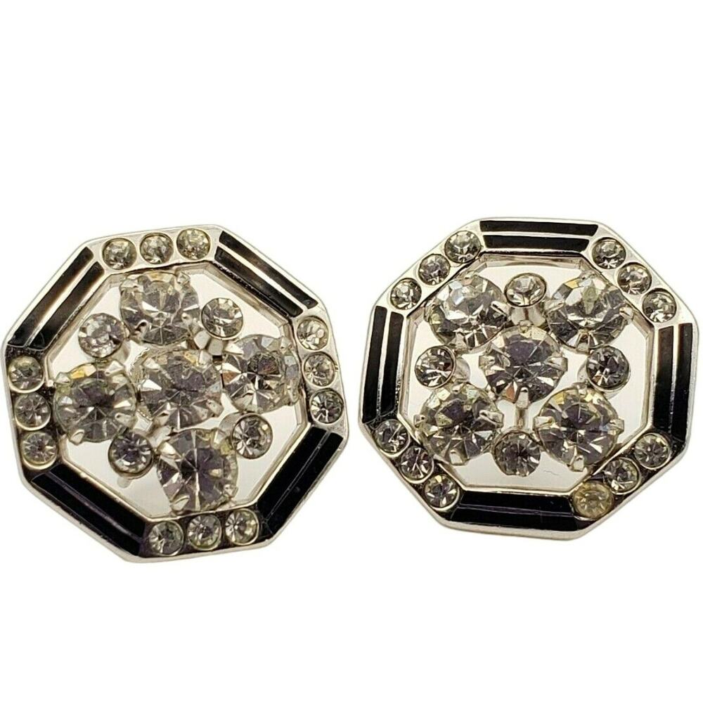 Black Octagon Rhinestone Earrings Screw Back Vintage 1960s Enamel Silver Tone